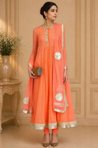 Orange georgette zari and beads work anarkali salwar kameez
