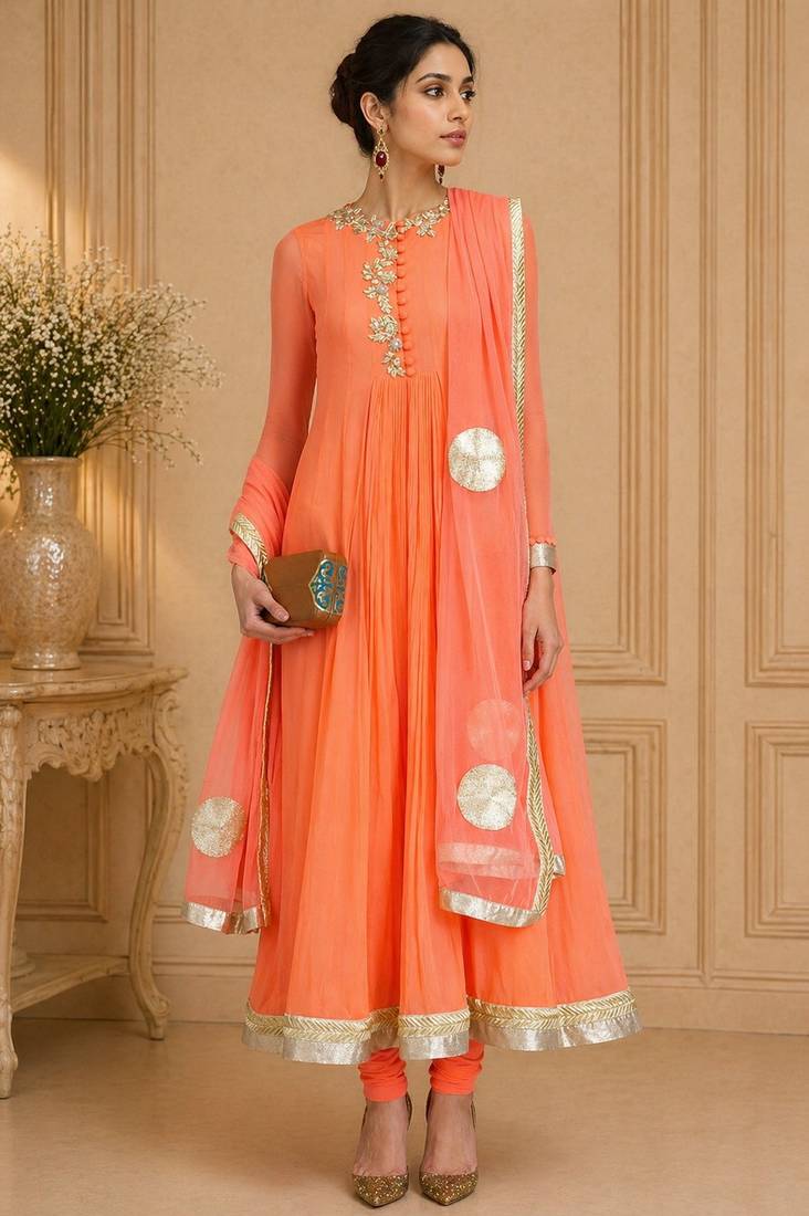 Orange georgette zari and beads work anarkali salwar kameez