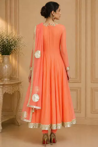 Orange georgette zari and beads work anarkali salwar kameez