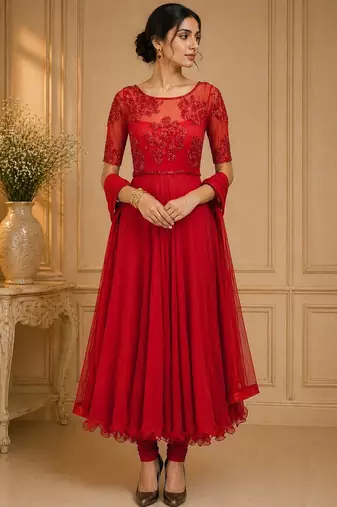 Red net beads and thread work anarkali salwar kameez
