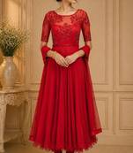 Red net beads and thread work anarkali salwar kameez