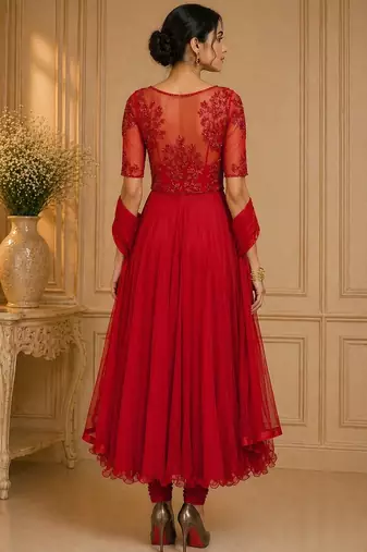Red net beads and thread work anarkali salwar kameez