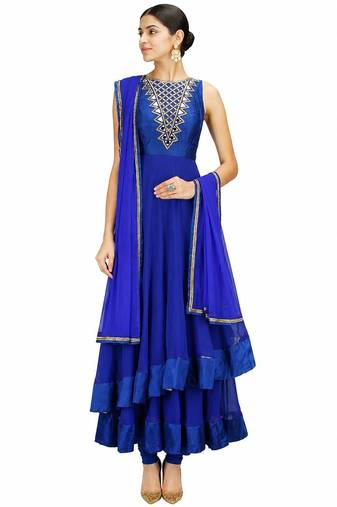 Blue georgette beads and glass work anarkali salwar kameez
