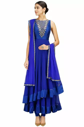 Blue georgette beads and glass work anarkali salwar kameez