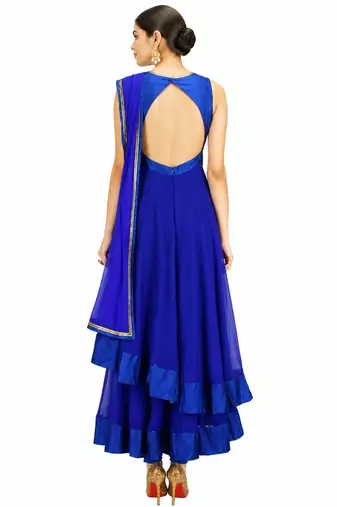 Blue georgette beads and glass work anarkali salwar kameez
