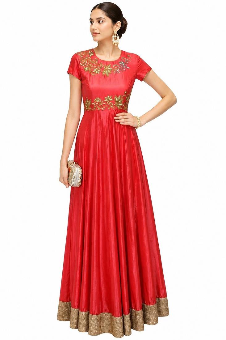 Red silk zari and beads work anarkali salwar kameez