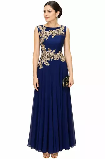 Blue georgette zari, beads and sequins work anarkali salwar kameez