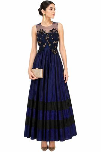 Blue silk thread and sequins embroidery anarkali salwar kameez