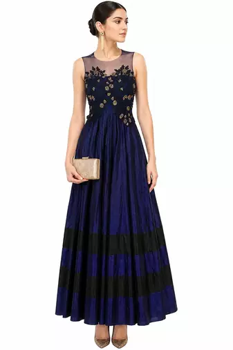 Blue silk thread and sequins embroidery anarkali salwar kameez