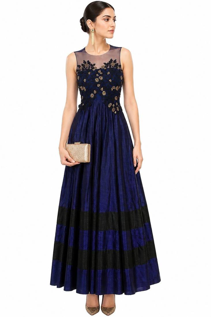 Blue silk thread and sequins embroidery anarkali salwar kameez
