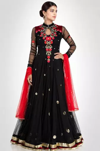 Black net thread and sequins embroidery anarkali salwar kameez