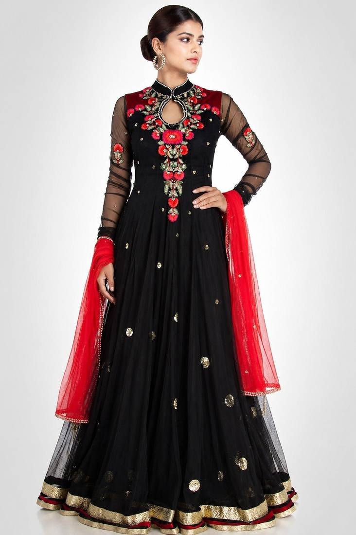 Black net thread and sequins embroidery anarkali salwar kameez
