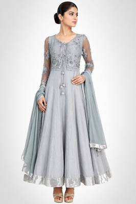 Grey chanderi silk thread and sequins embroidery anarkali salwar kameez 1