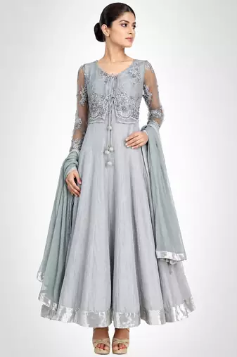 Grey chanderi silk thread and sequins embroidery anarkali salwar kameez