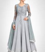 Grey chanderi silk thread and sequins embroidery anarkali salwar kameez