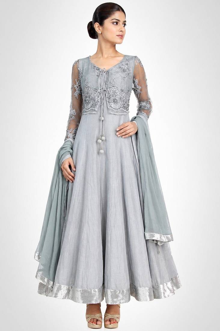Grey chanderi silk thread and sequins embroidery anarkali salwar kameez