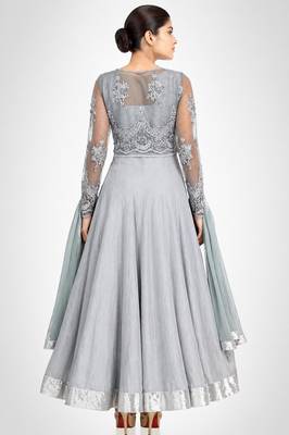 Grey chanderi silk thread and sequins embroidery anarkali salwar kameez 2