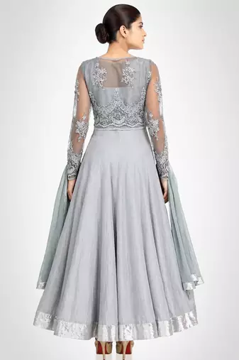 Grey chanderi silk thread and sequins embroidery anarkali salwar kameez