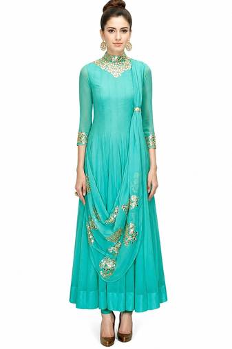 Blue georgette zari and glass work anarkali salwar kameez