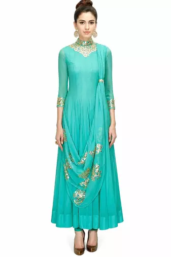Blue georgette zari and glass work anarkali salwar kameez