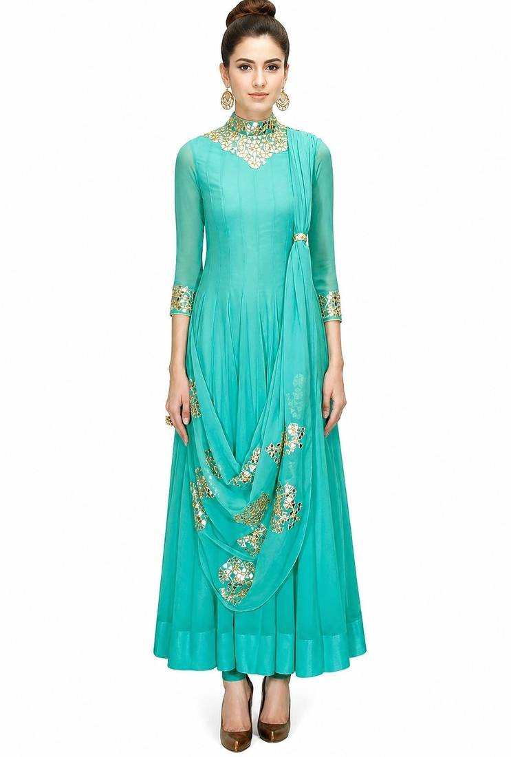 Blue georgette zari and glass work anarkali salwar kameez