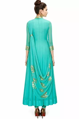 Blue georgette zari and glass work anarkali salwar kameez