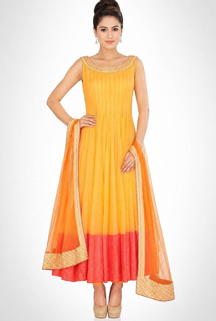Orange net beads embroidery anarkali salwar kameez