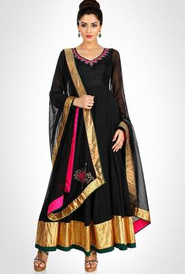 Black georgette thread and zari work anarkali salwar kameez 1