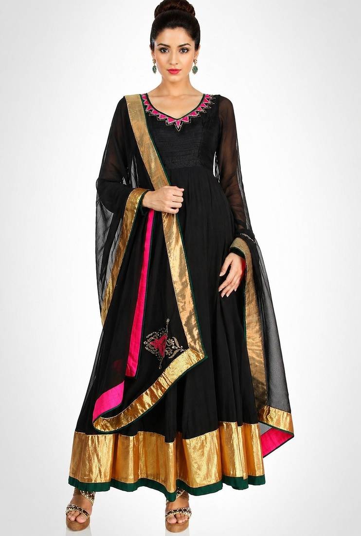 Black georgette thread and zari work anarkali salwar kameez