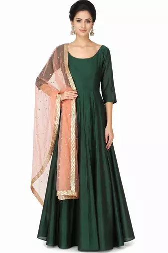 Green silk solid anarkali salwar kameez