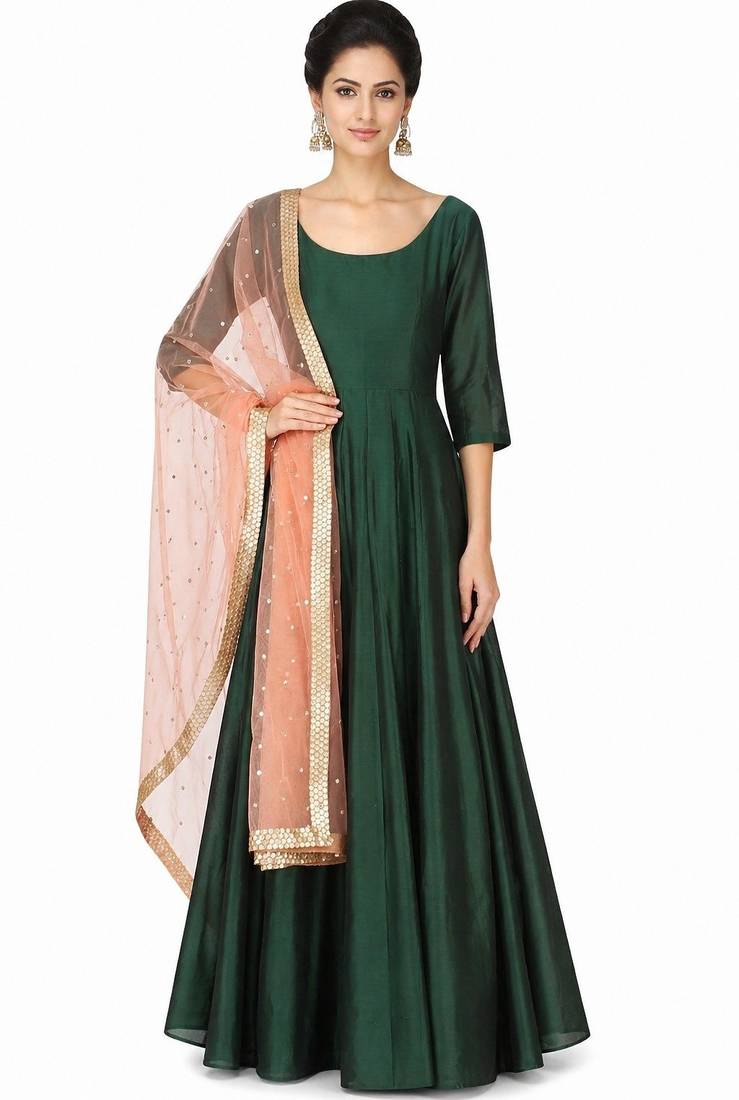 Green silk solid anarkali salwar kameez