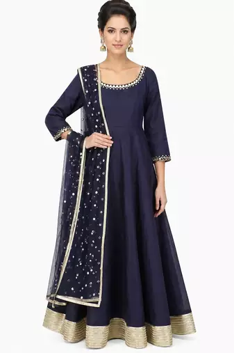Navy blue silk zari and glass work anarkali salwar kameez