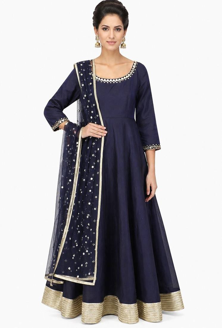 Navy blue silk zari and glass work anarkali salwar kameez