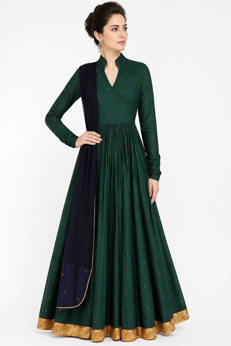 Bottel green silk thread and sequins embroidery anarkali salwar kameez