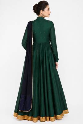 Bottel green silk thread and sequins embroidery anarkali salwar kameez 2