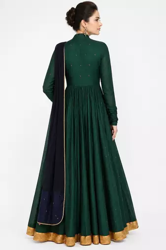 Bottel green silk thread and sequins embroidery anarkali salwar kameez