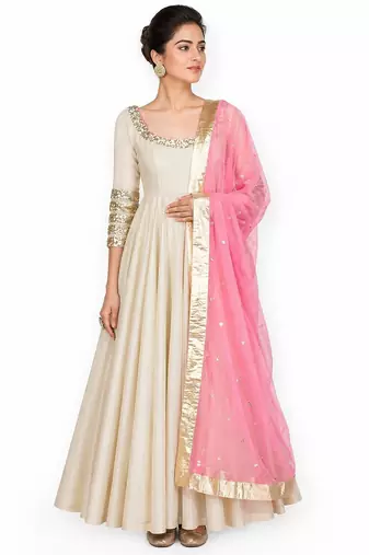 Cream silk sequins & zari embroidery anarkali salwar kameez