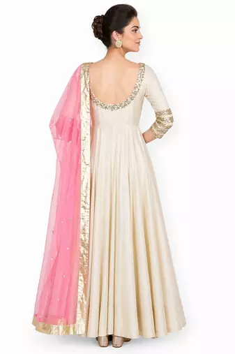 Cream silk sequins & zari embroidery anarkali salwar kameez
