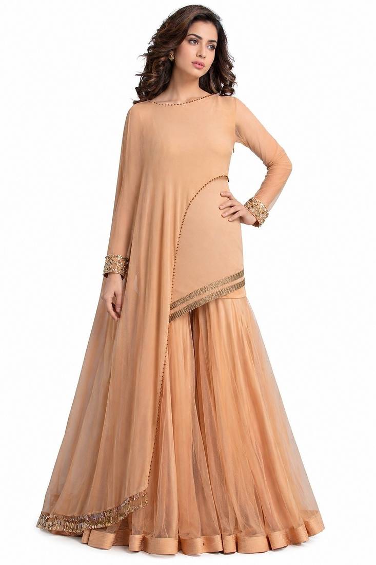 Peach georgette beads hand embroidery anarkali salwar kameez