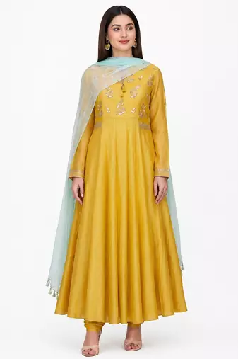 Mustard silk gota patti work anarkali salwar kameez