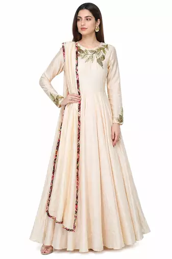 Powder pink silk beads hand embroidery anarkali salwar kameez