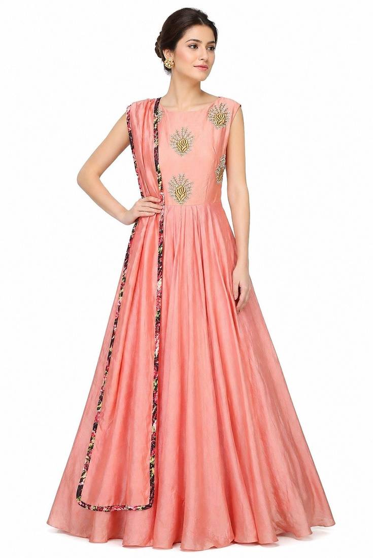 Pink silk zari and beads work anarkali salwar kameez