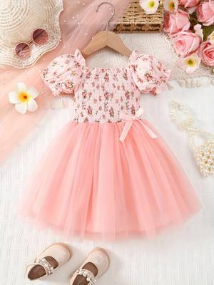 Blush pink floral smocked off-shoulder tulle dress 1