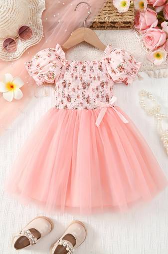 Blush pink floral smocked off-shoulder tulle dress