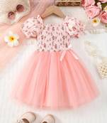 Blush pink floral smocked off-shoulder tulle dress