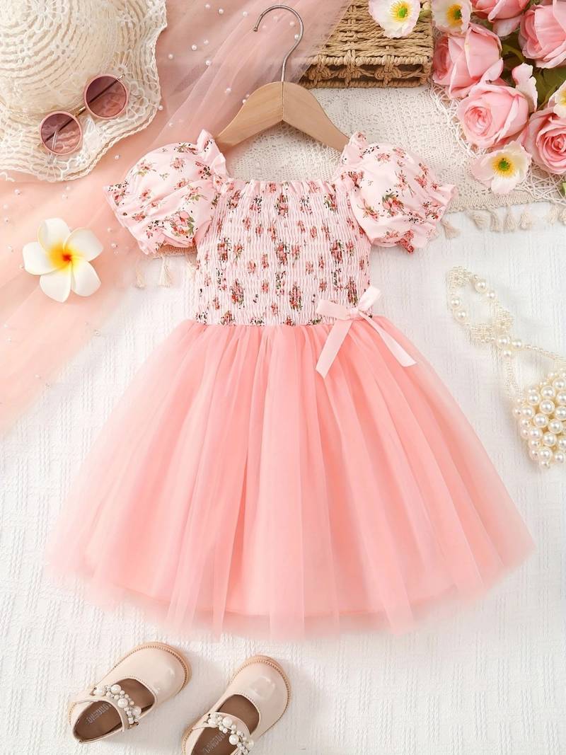 Blush pink floral smocked off-shoulder tulle dress