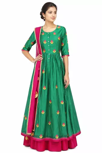 Green cotton silk thread embroidery anarkali salwar kameez