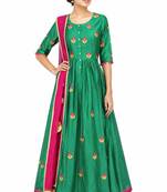 Green cotton silk thread embroidery anarkali salwar kameez