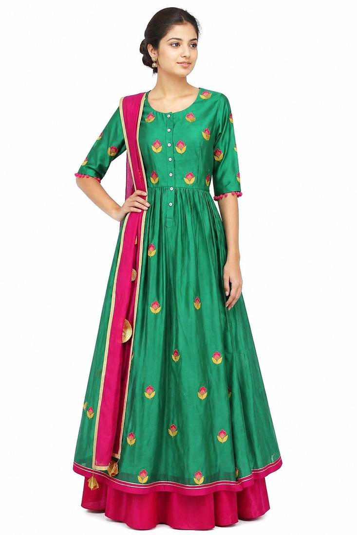 Green cotton silk thread embroidery anarkali salwar kameez