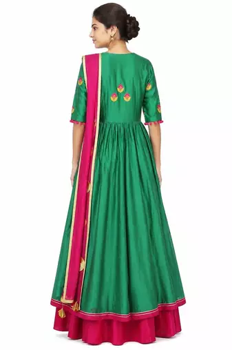 Green cotton silk thread embroidery anarkali salwar kameez